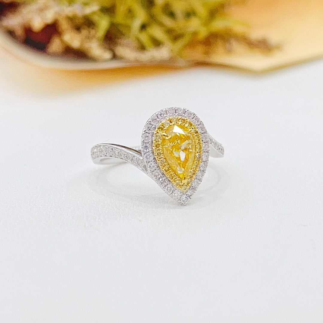 18K Gold Diamond Drop Ring with Twist Arm - Luxury Jewelry - Yellow Diamond Ring