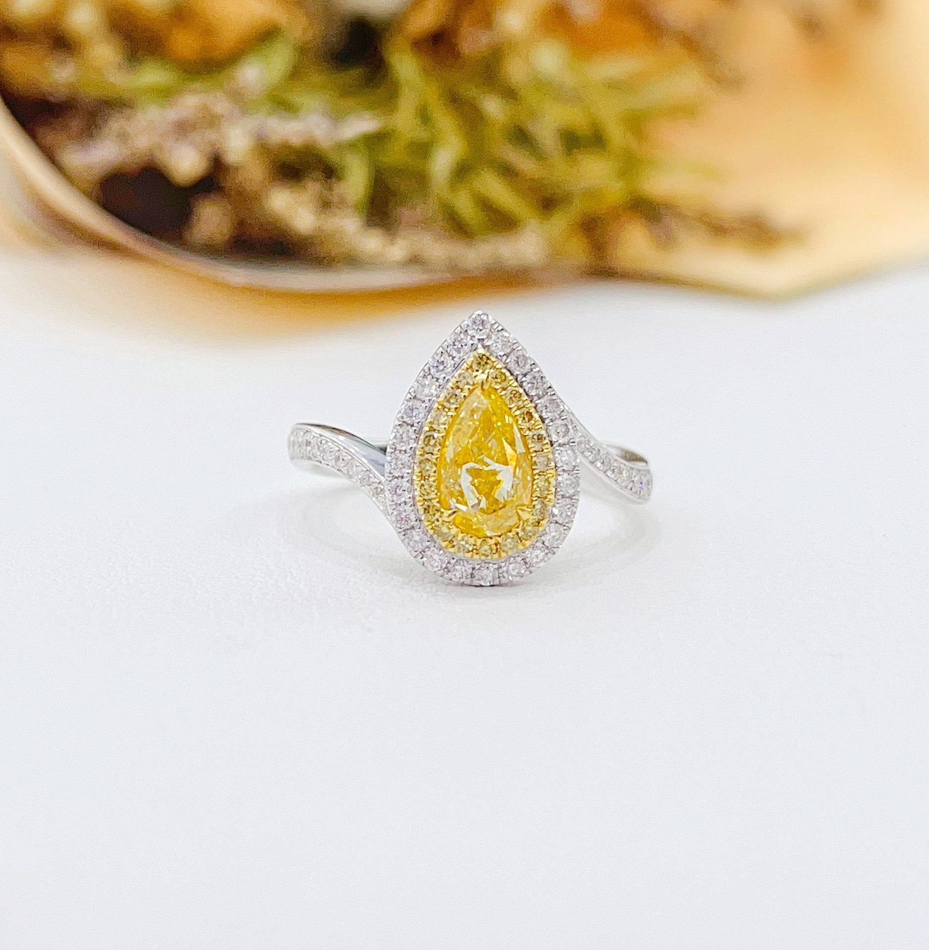 18K Gold Diamond Drop Ring with Twist Arm - Luxury Jewelry - Yellow Diamond Ring