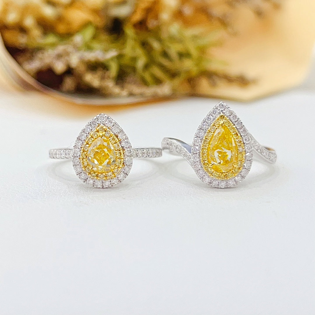 18K Gold Diamond Drop Ring with Twist Arm - Luxury Jewelry - Yellow Diamond Ring