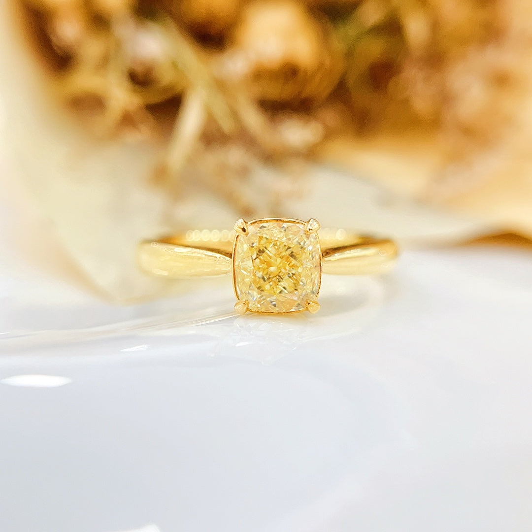 18K Gold Diamond GIA Cushion Cut Classic Four-Prong Ring - GIA Yellow Diamond Ring