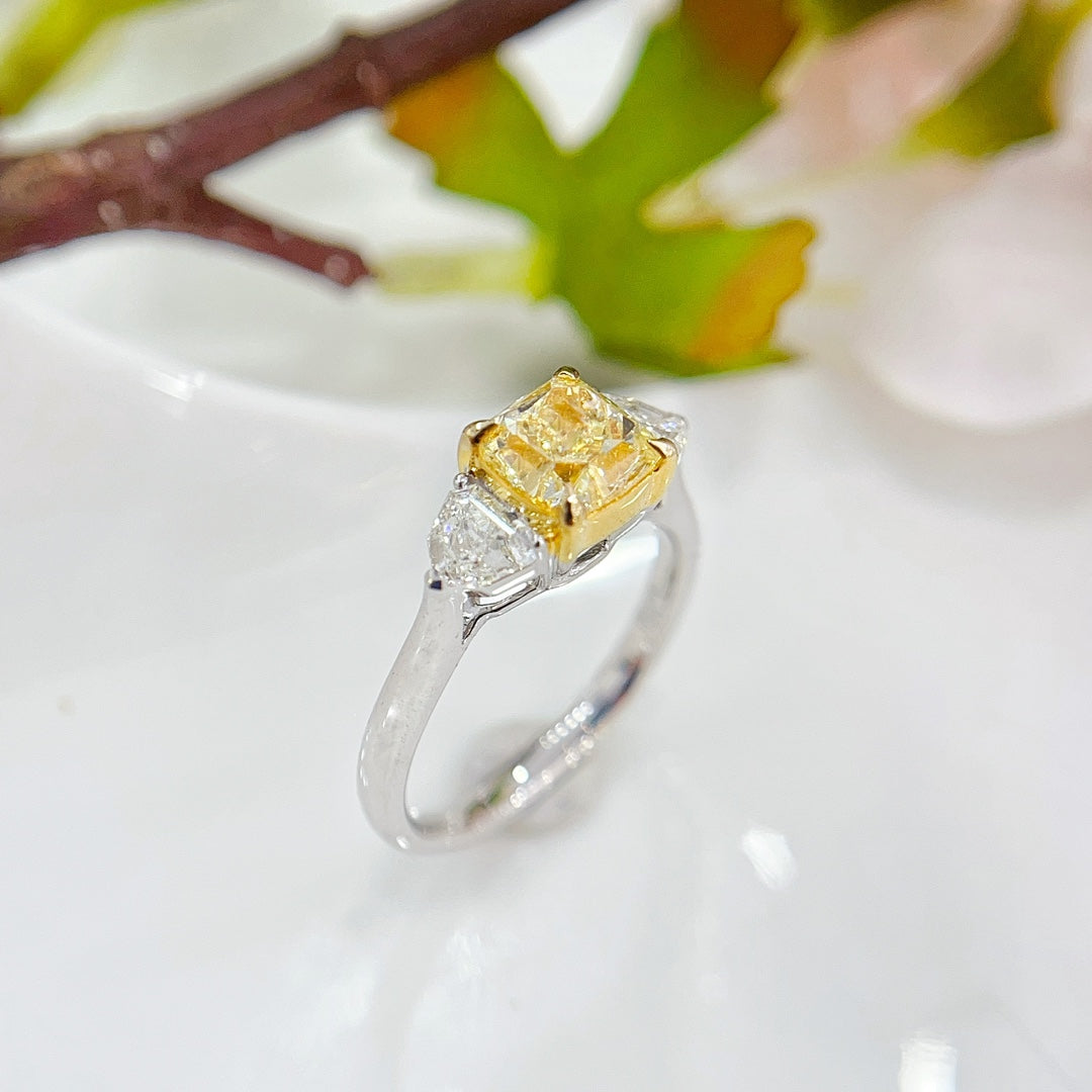 18K Gold Diamond GIA Cushion Cut Double Shield Ring - Premium Jewelry - GIA Yellow Diamond Ring