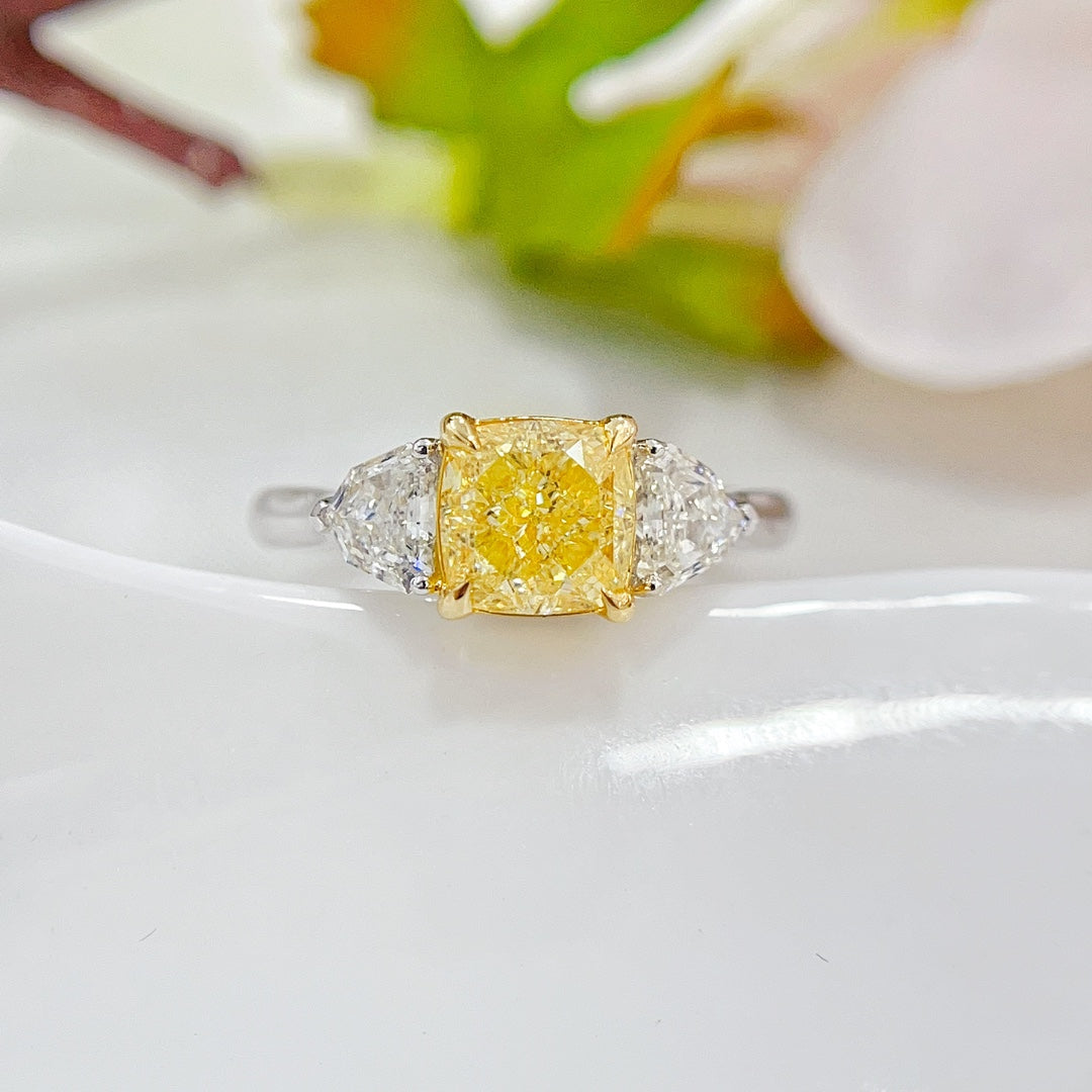 18K Gold Diamond GIA Cushion Cut Double Shield Ring - Premium Jewelry - GIA Yellow Diamond Ring