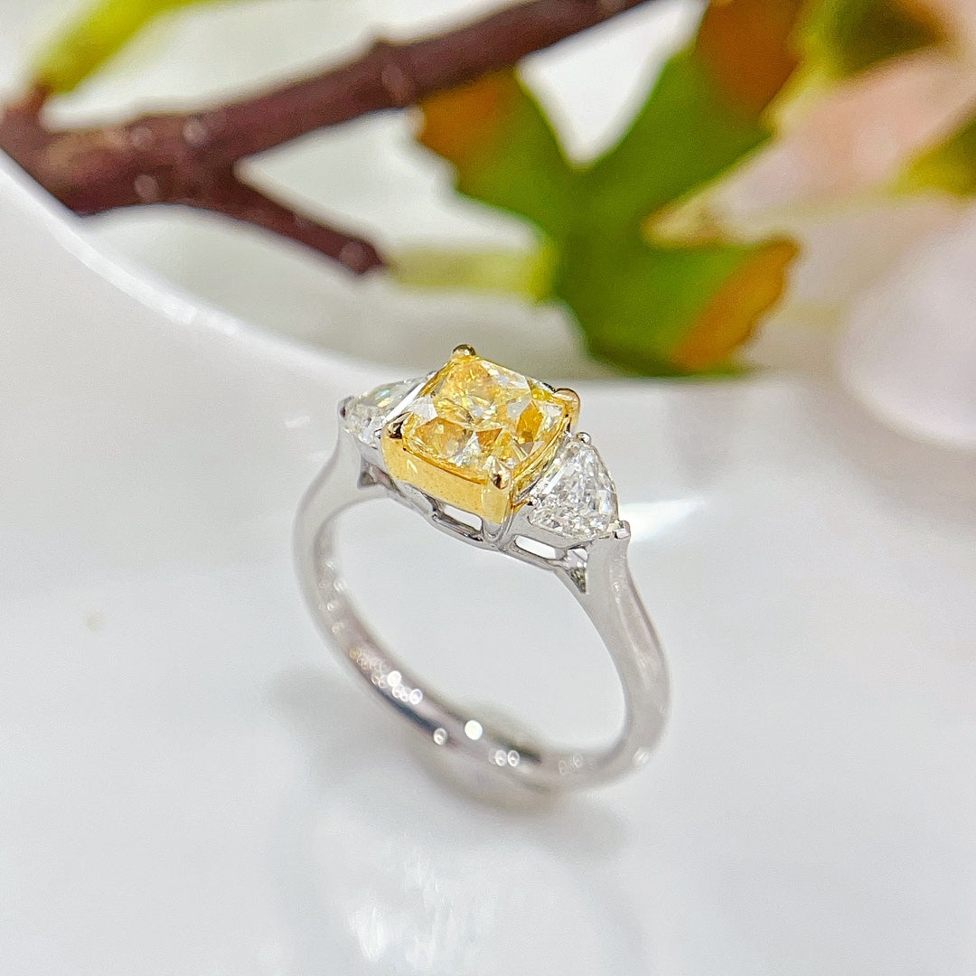 18K Gold Diamond GIA Cushion Cut Double Shield Ring - Premium Jewelry - GIA Yellow Diamond Ring