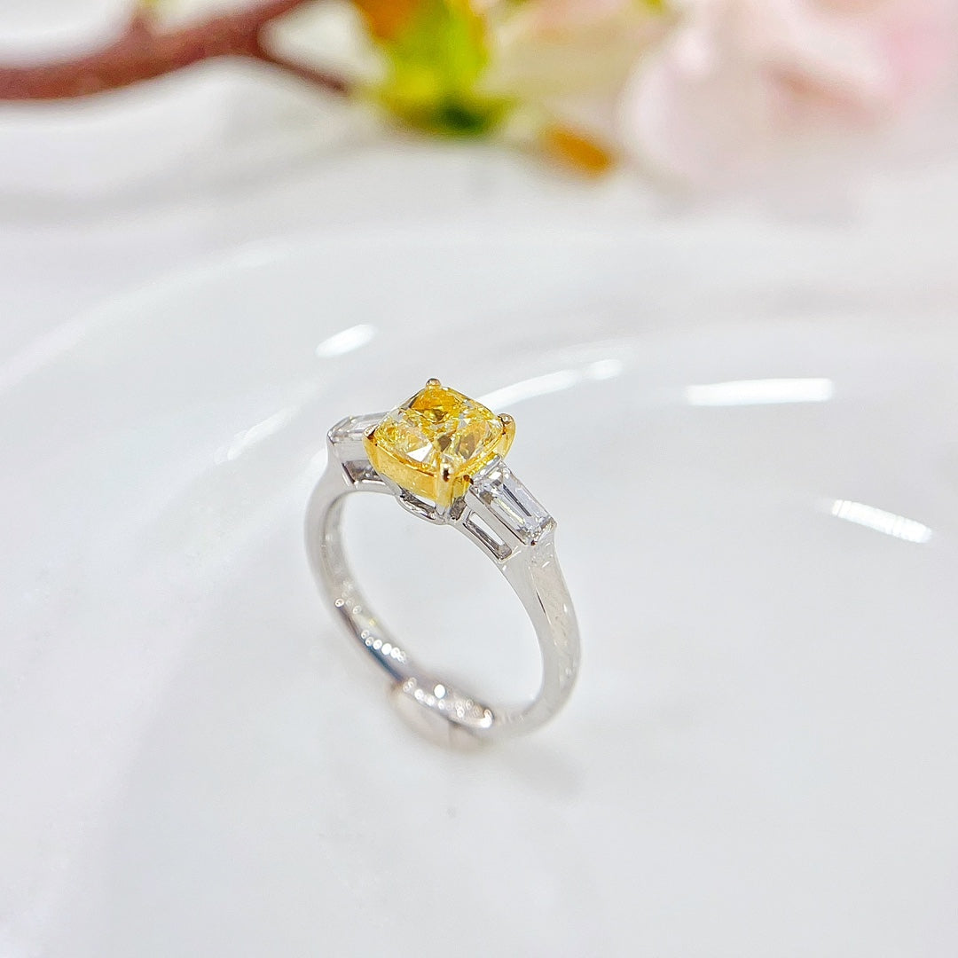 18K Gold Diamond GIA Cushion Cut Double-Tier Ring | Premium Jewelry - GIA Yellow Diamond Ring