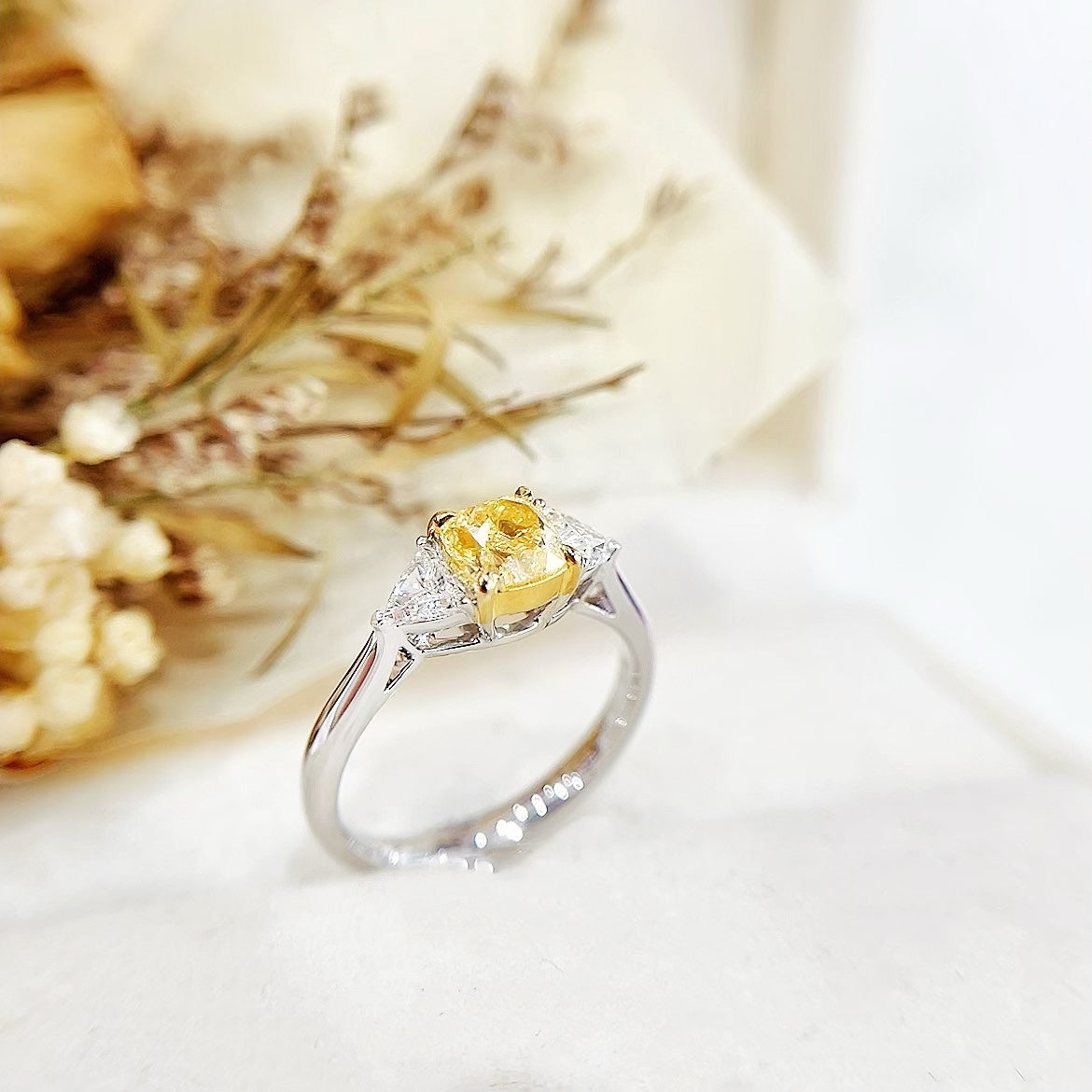 18K Gold Diamond GIA Cushion Cut Double Triangle Ring - Luxurious Jewelry - GIA Yellow Diamond Ring