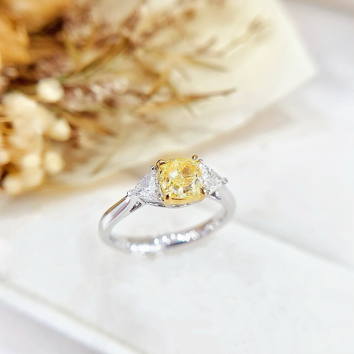 18K Gold Diamond GIA Cushion Cut Double Triangle Ring - Luxurious Jewelry - GIA Yellow Diamond Ring