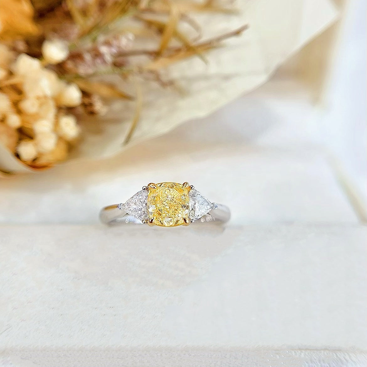 18K Gold Diamond GIA Cushion Cut Double Triangle Ring - Luxurious Jewelry - GIA Yellow Diamond Ring