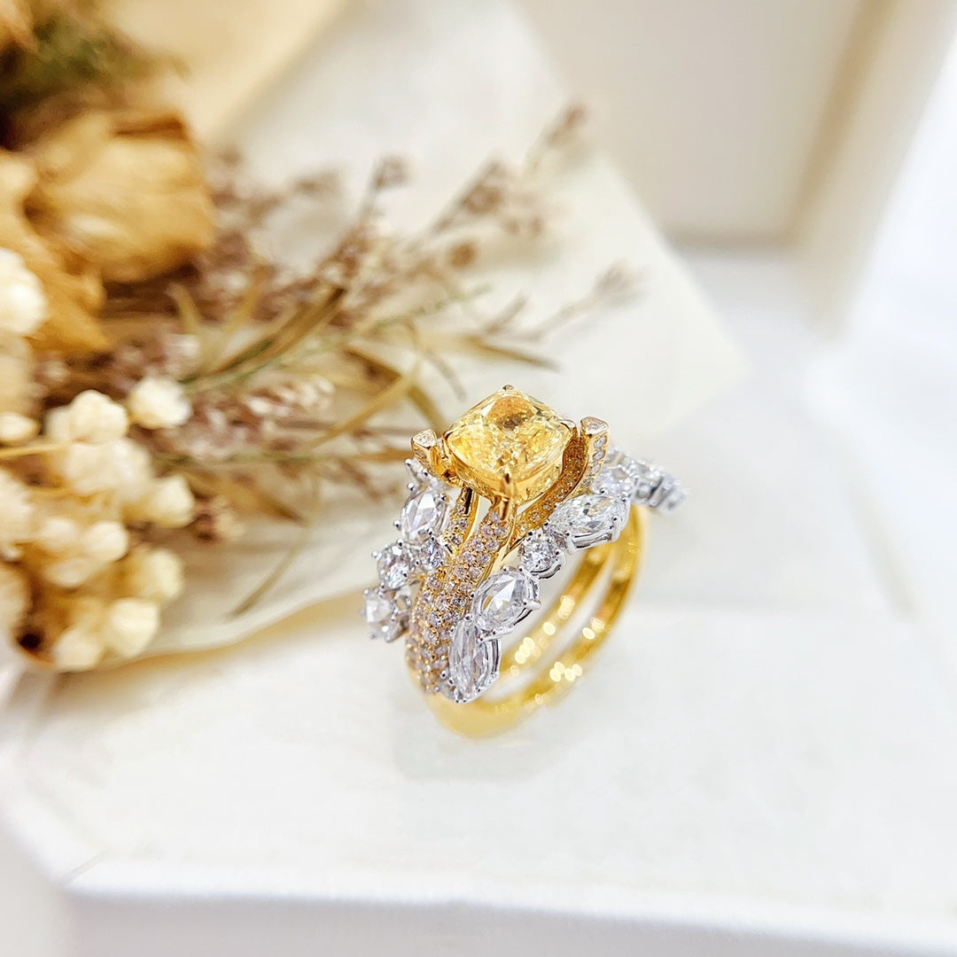 18K Gold Diamond GIA Cushion Double Layer Ring - Exquisite Jewelry - GIA Yellow Diamond Ring