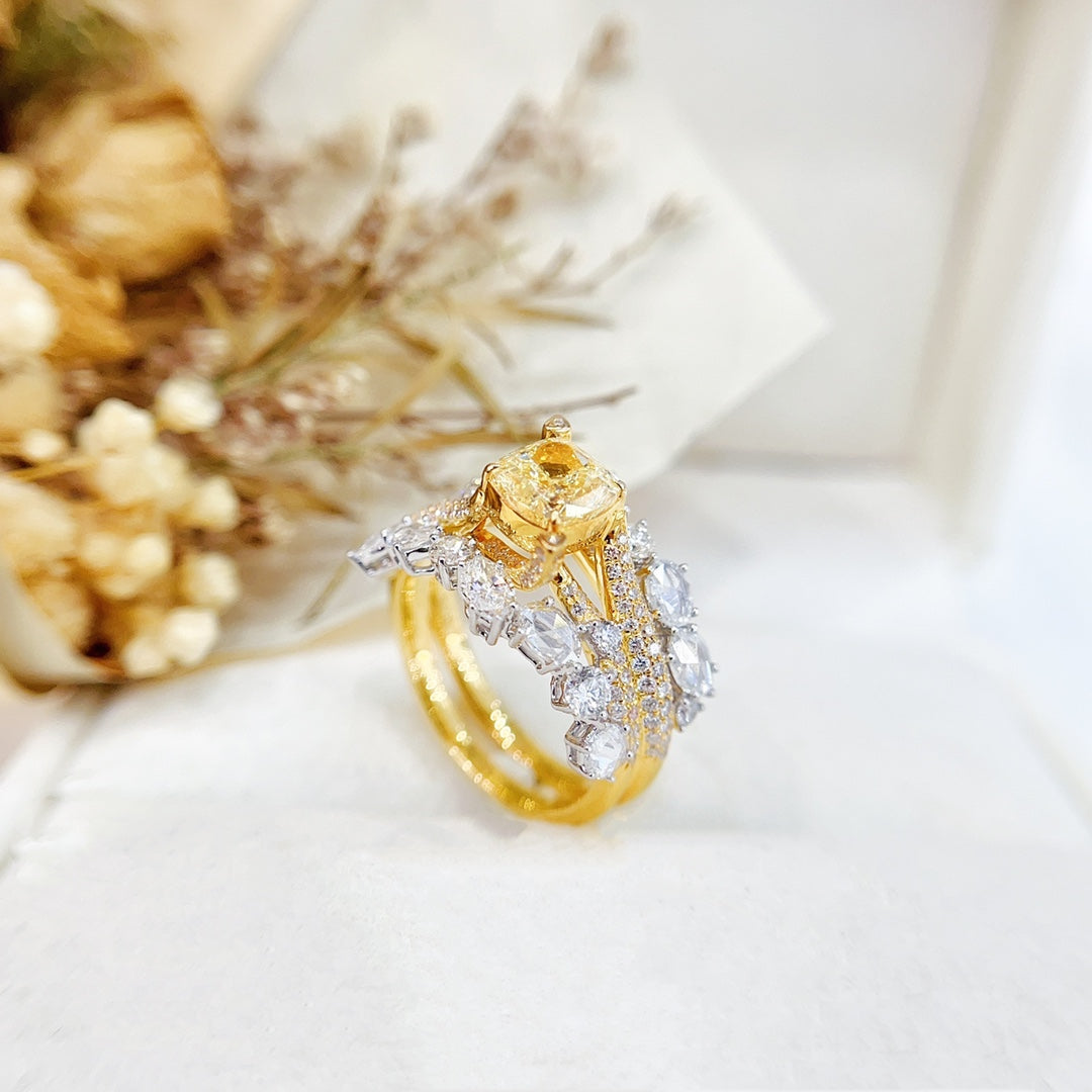 18K Gold Diamond GIA Cushion Double Layer Ring - Exquisite Jewelry - GIA Yellow Diamond Ring