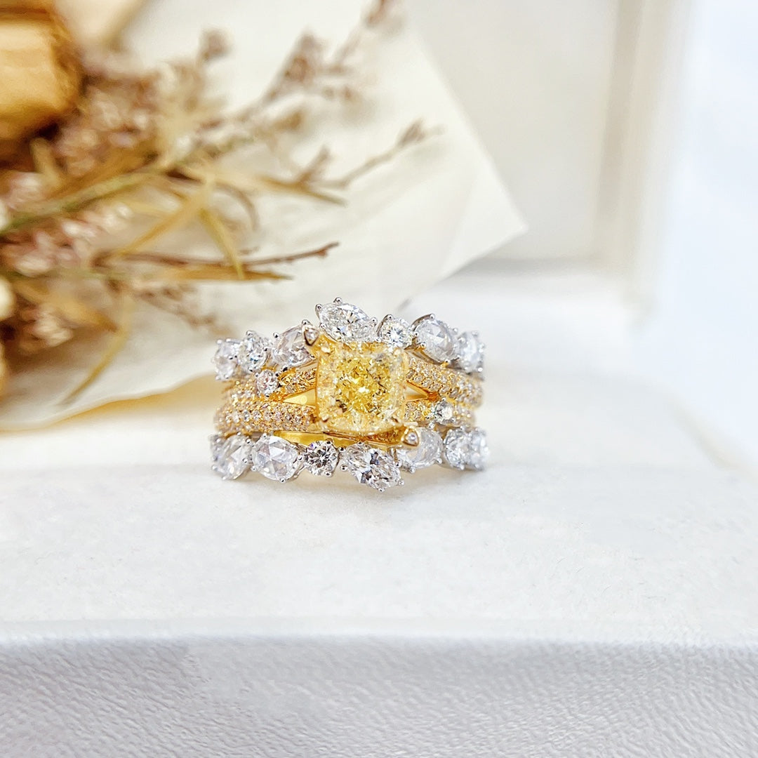 18K Gold Diamond GIA Cushion Double Layer Ring - Exquisite Jewelry - GIA Yellow Diamond Ring