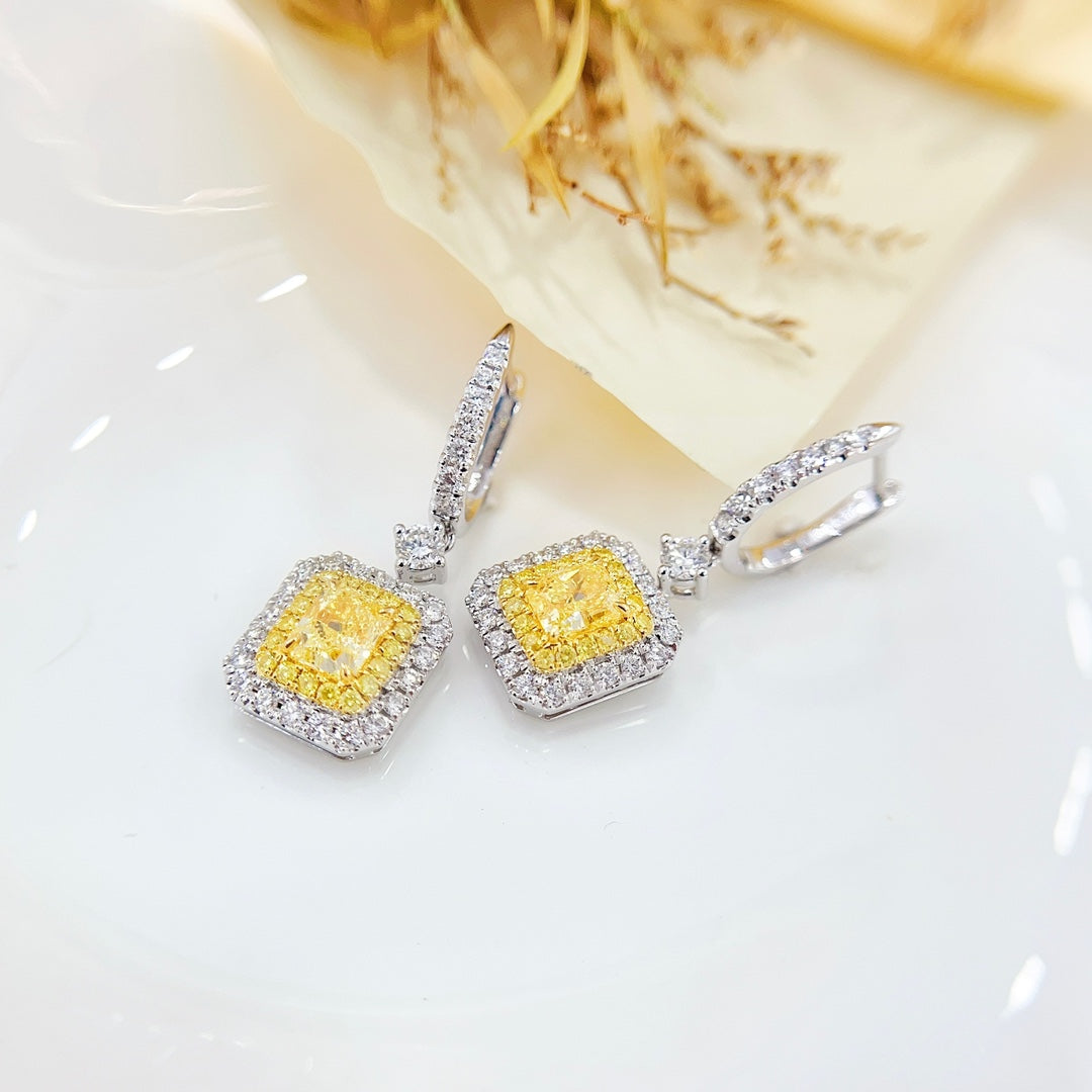 18K Gold Diamond GIA Cushion Halo Earrings – Luxurious Jewelry Piece - GIA Yellow Diamond Ear Hook