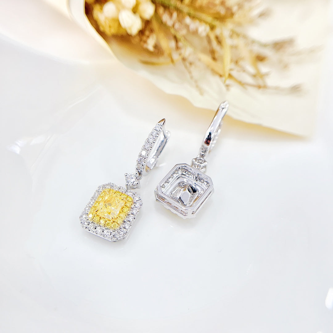 18K Gold Diamond GIA Cushion Halo Earrings – Luxurious Jewelry Piece - GIA Yellow Diamond Ear Hook