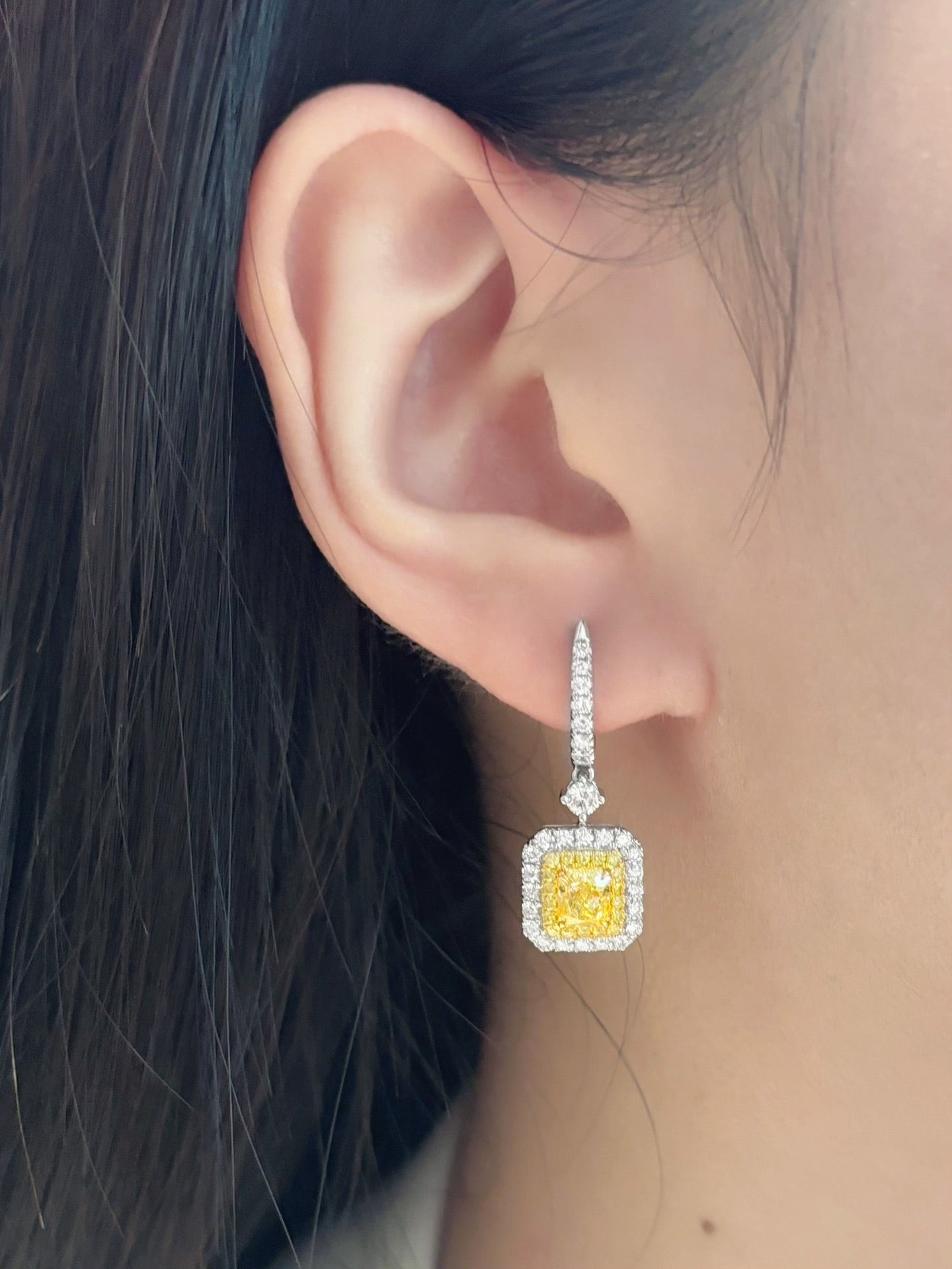 18K Gold Diamond GIA Cushion Halo Earrings – Luxurious Jewelry Piece - GIA Yellow Diamond Ear Hook