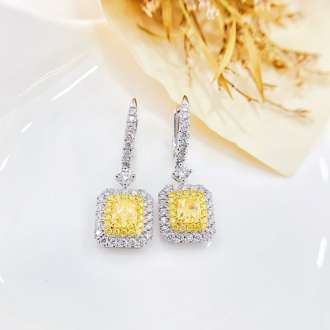 18K Gold Diamond GIA Cushion Halo Earrings – Luxurious Jewelry Piece - GIA Yellow Diamond Ear Hook