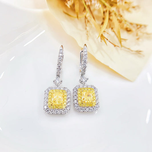 18K Gold Diamond GIA Cushion Halo Earrings – Luxurious Jewelry Piece - GIA Yellow Diamond Ear Hook