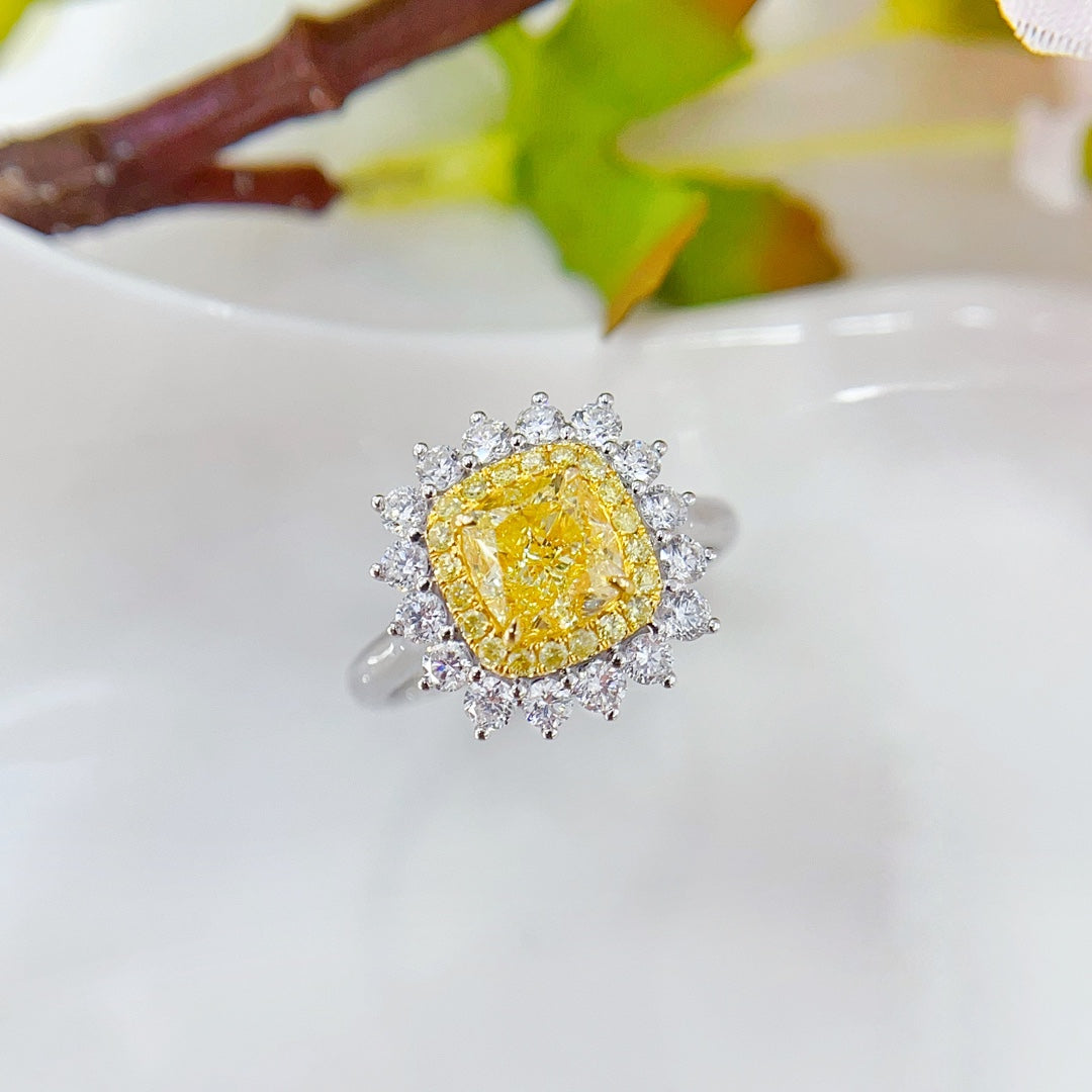 18K Gold Diamond GIA Cushion Halo Ring - Premium Jewelry - GIA Yellow Diamond Ring