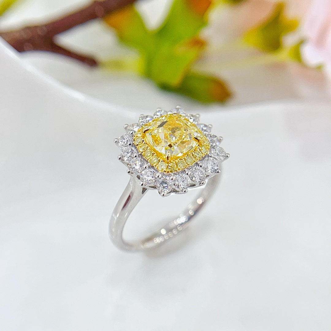 18K Gold Diamond GIA Cushion Halo Ring - Premium Jewelry - GIA Yellow Diamond Ring