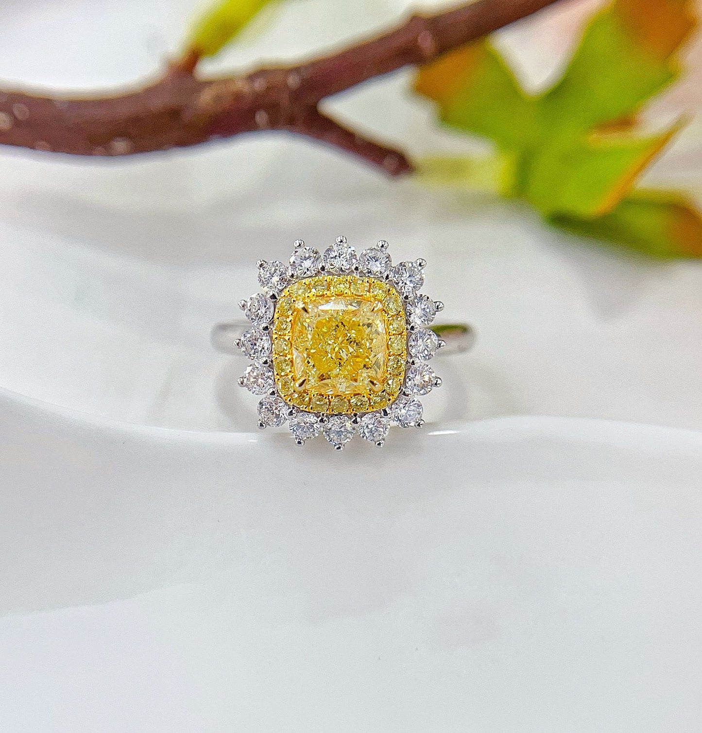 18K Gold Diamond GIA Cushion Halo Ring - Premium Jewelry - GIA Yellow Diamond Ring