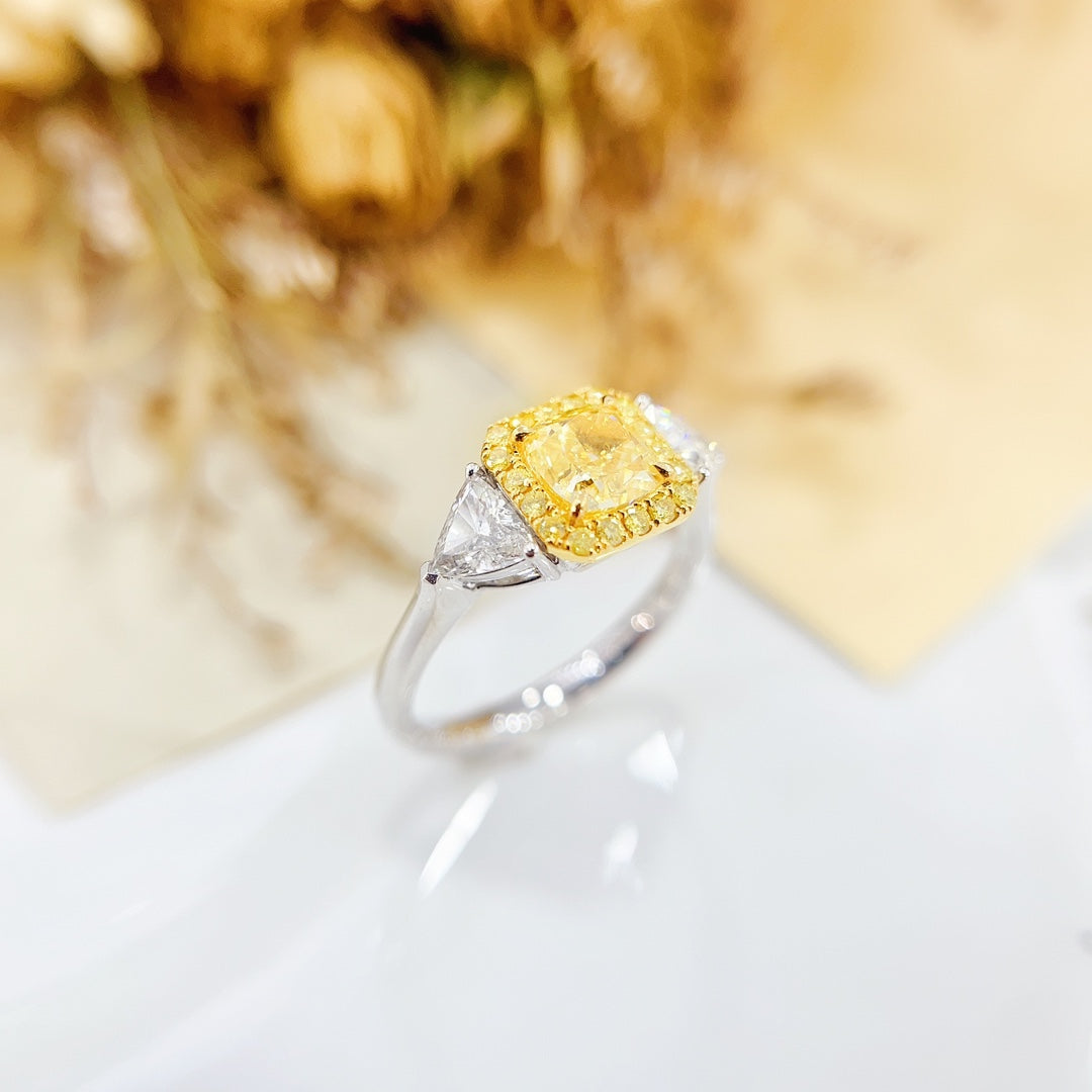 18K Gold Diamond GIA Pillow-Shaped Double Triangle Ring - GIA Yellow Diamond Ring