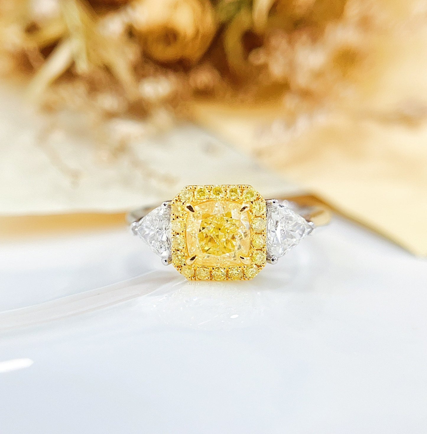 18K Gold Diamond GIA Pillow-Shaped Double Triangle Ring - GIA Yellow Diamond Ring