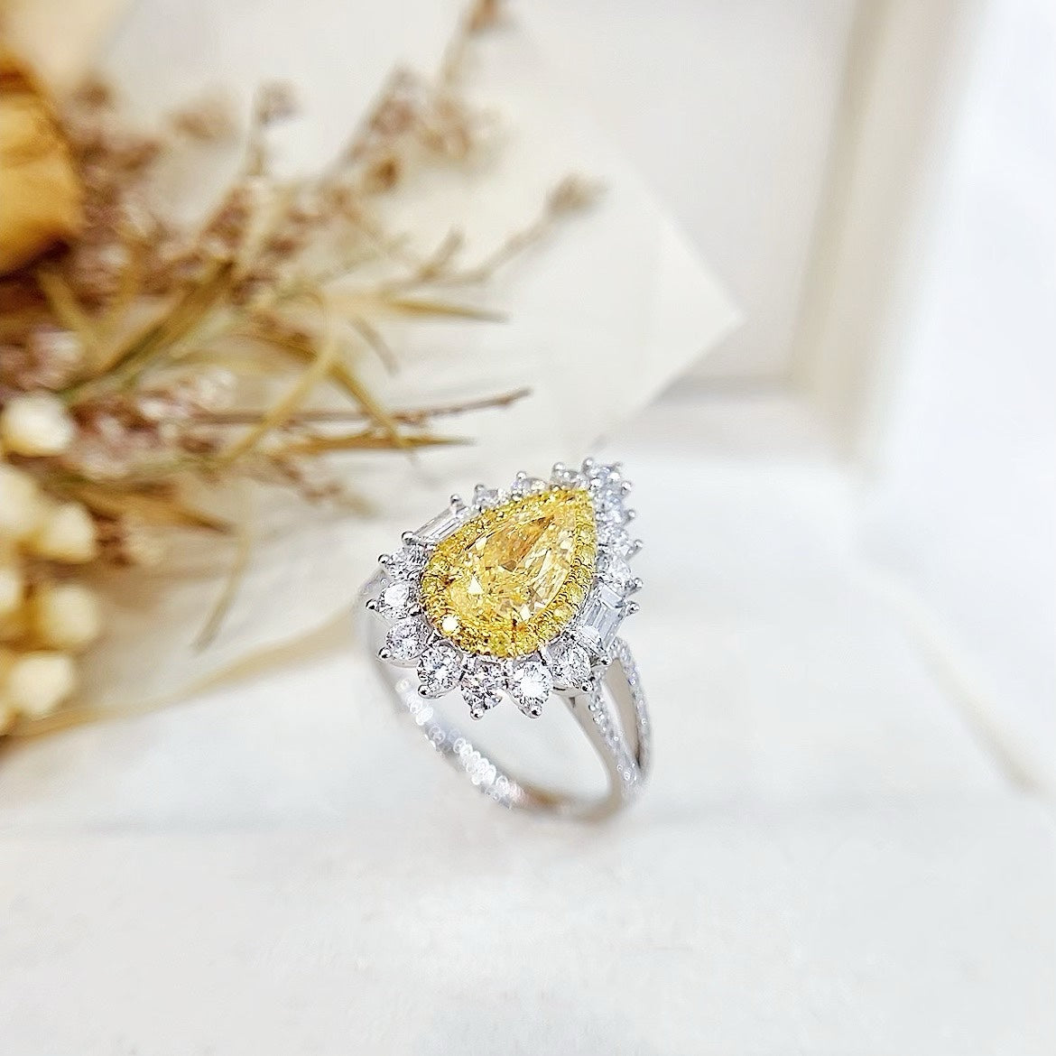 18K Gold Diamond GIA Teardrop Double-Tier Ring - Luxury Jewelry - GIA Yellow Diamond Ring