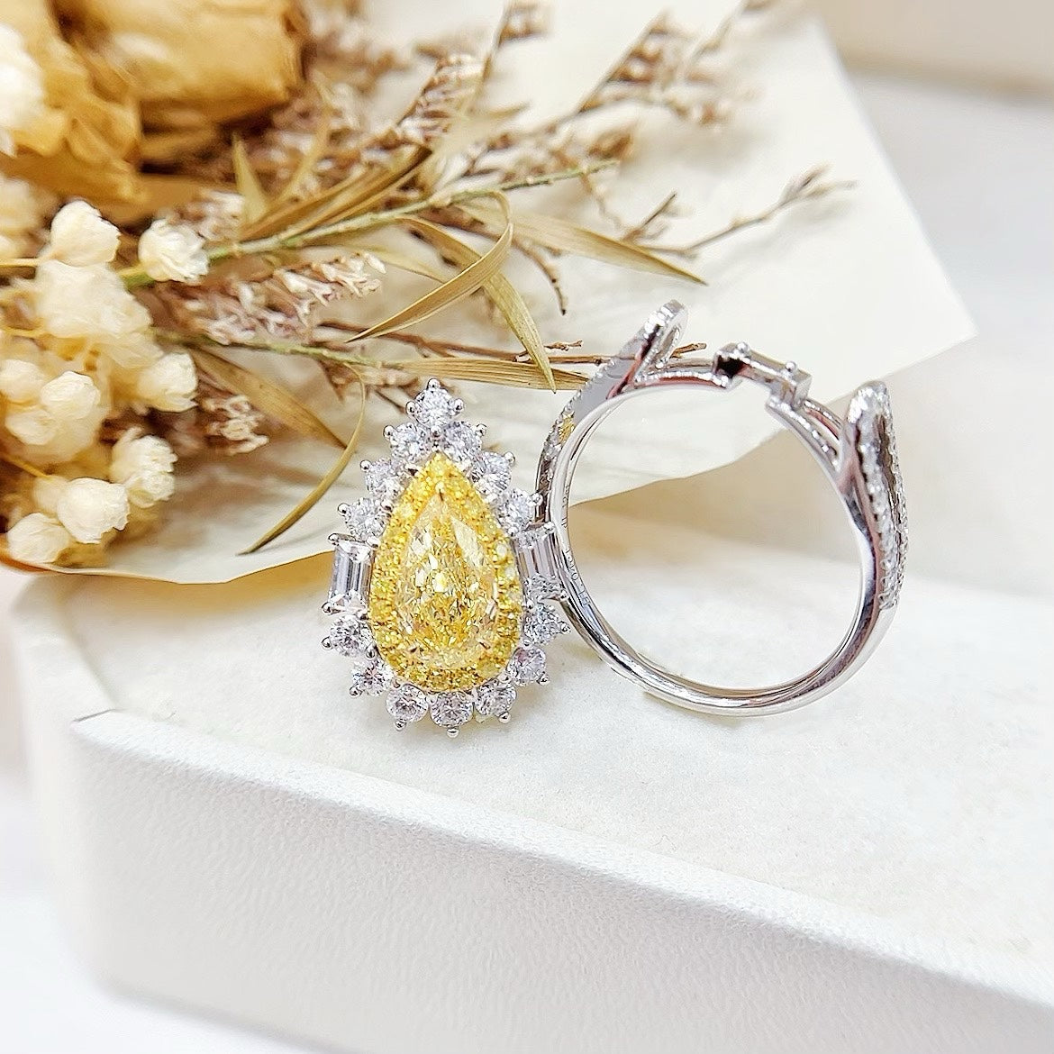 18K Gold Diamond GIA Teardrop Double-Tier Ring - Luxury Jewelry - GIA Yellow Diamond Ring