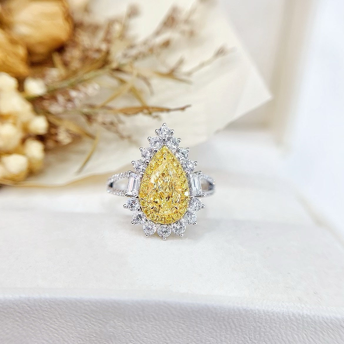 18K Gold Diamond GIA Teardrop Double-Tier Ring - Luxury Jewelry - GIA Yellow Diamond Ring