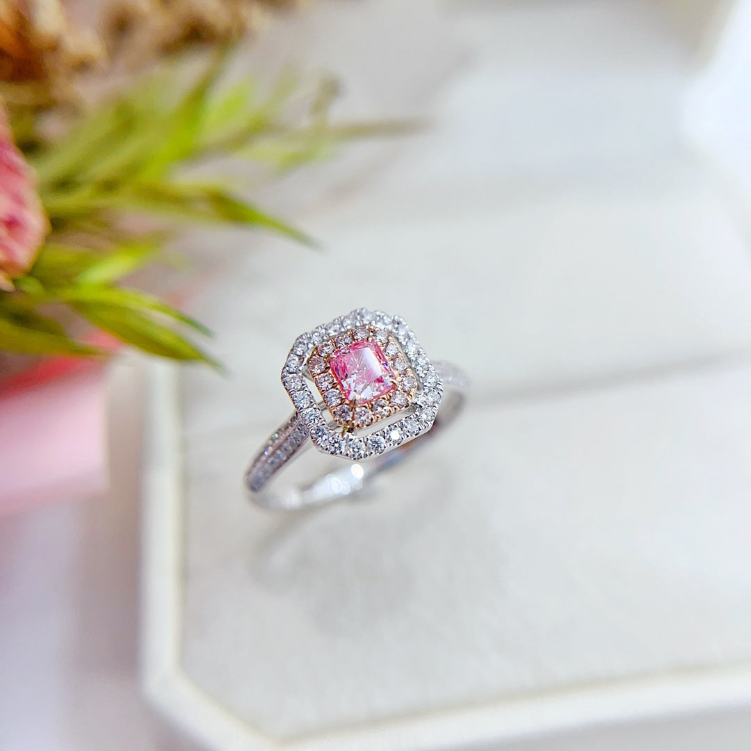 18K Gold Diamond Openwork Cushion Ring with AGL Certificate - Luxury Jewelry - Pink Diamond Ring