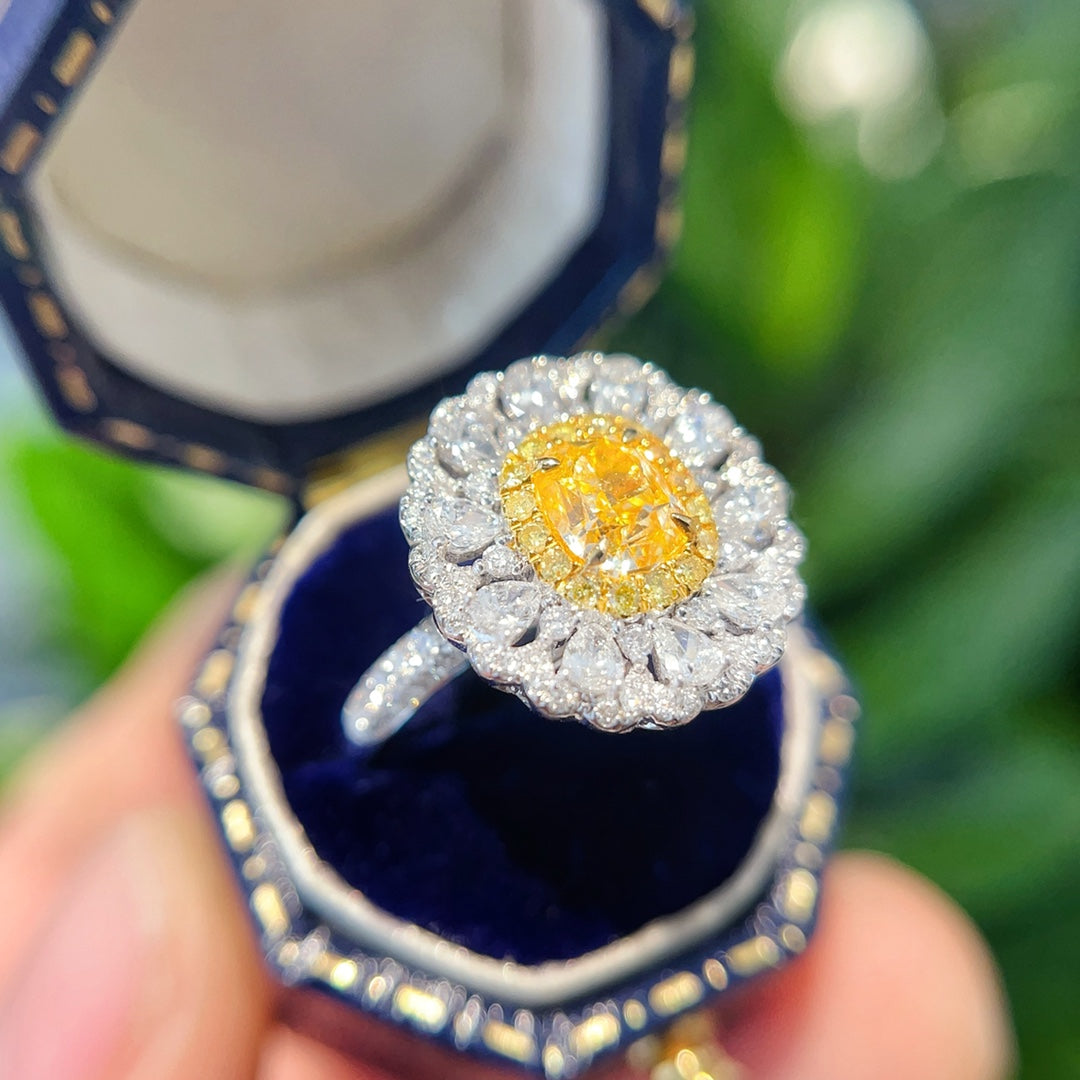 18K Gold Diamond Oval Cluster Two-Way Wear Ring | Premium Jewelry - Yellow Diamond Ring