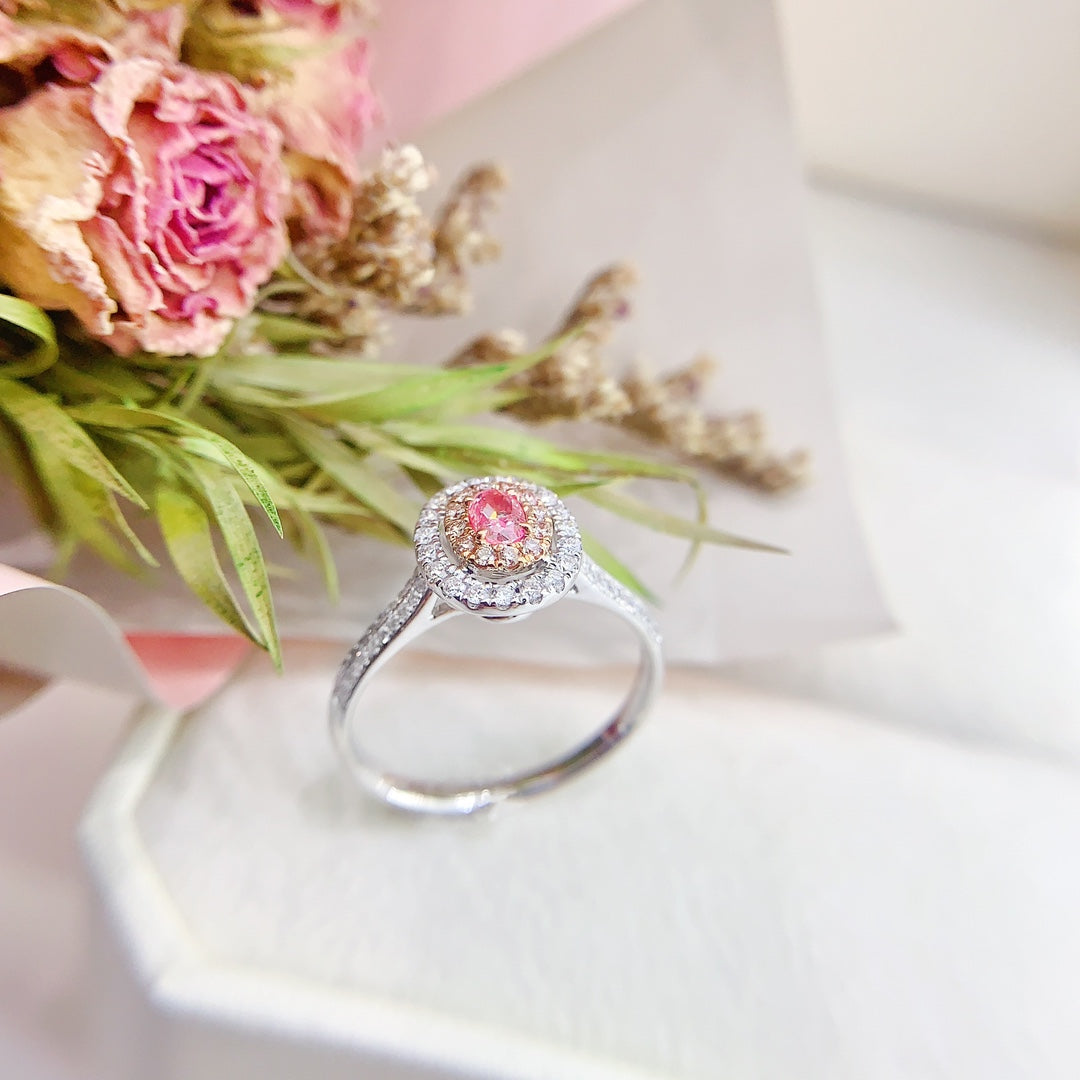 18K Gold Diamond Oval Hollow Ring - Premium Jewelry - Pink Diamond Ring