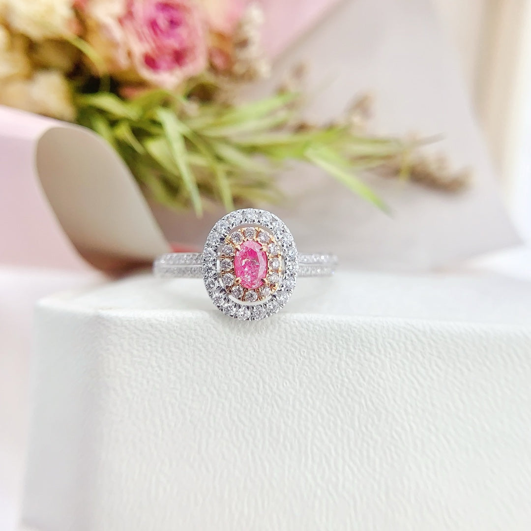 18K Gold Diamond Oval Hollow Ring - Premium Jewelry - Pink Diamond Ring