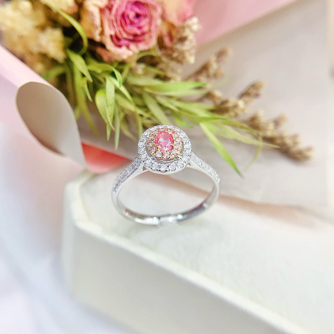 18K Gold Diamond Oval Hollow Ring - Premium Jewelry - Pink Diamond Ring