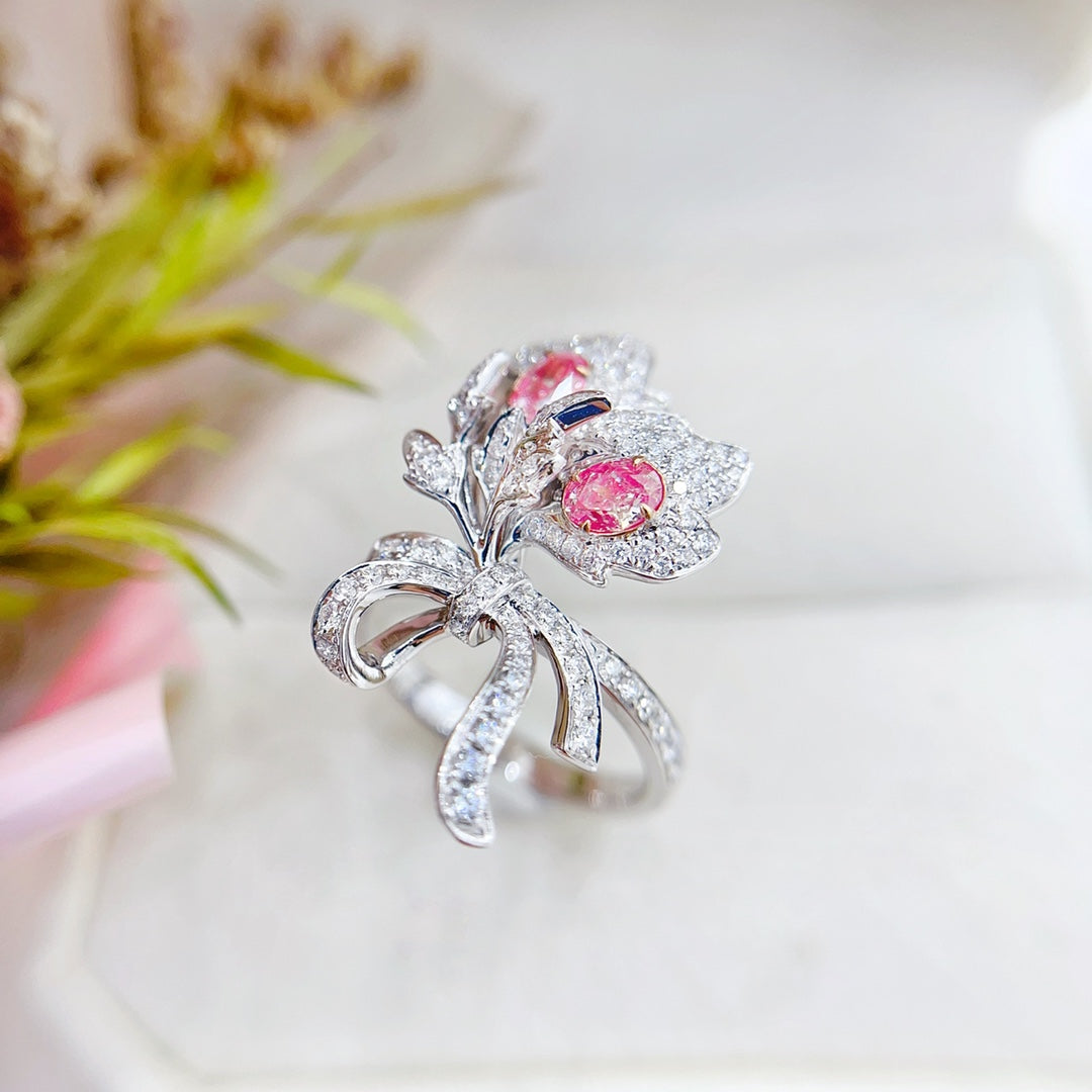 18K Gold Diamond Oval Lotus Flower Ring - Luxurious Jewelry - Pink Diamond Ring