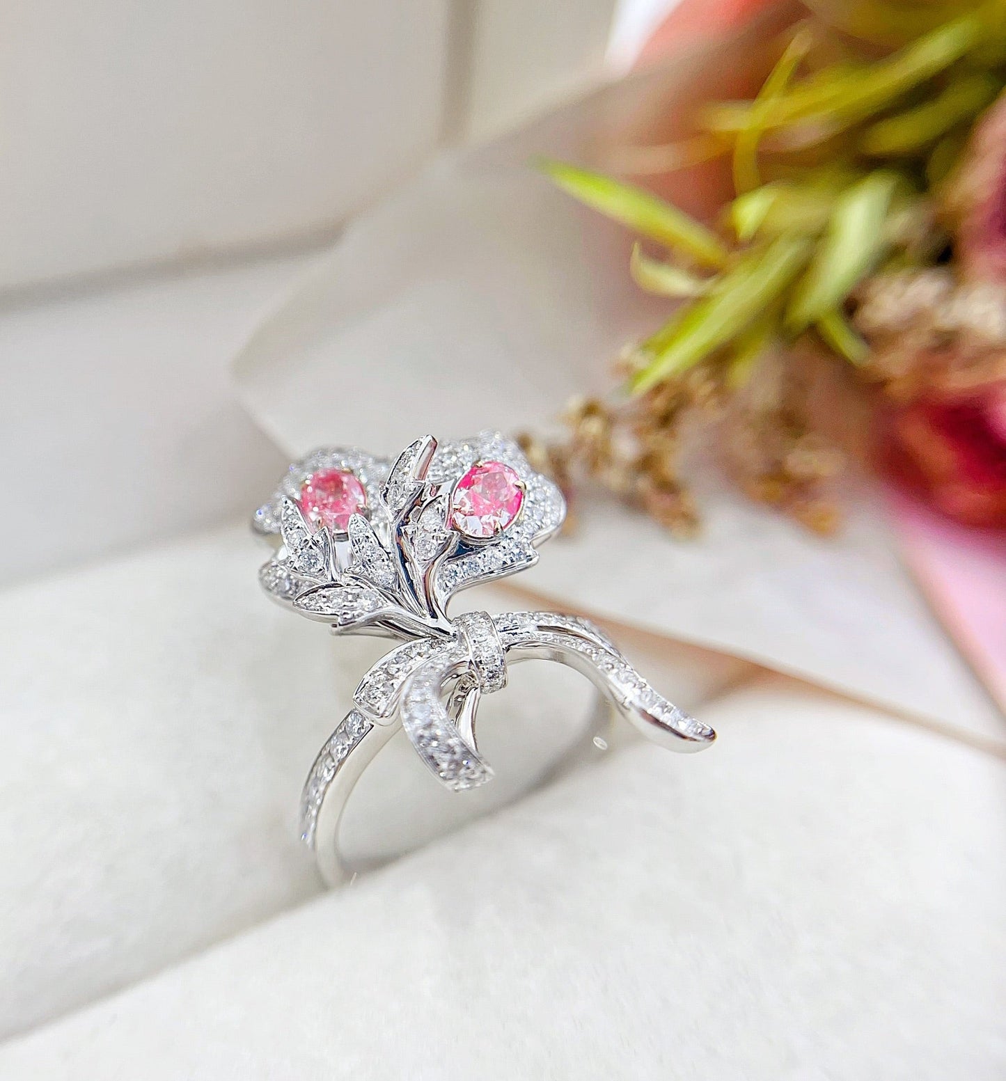 18K Gold Diamond Oval Lotus Flower Ring - Luxurious Jewelry - Pink Diamond Ring