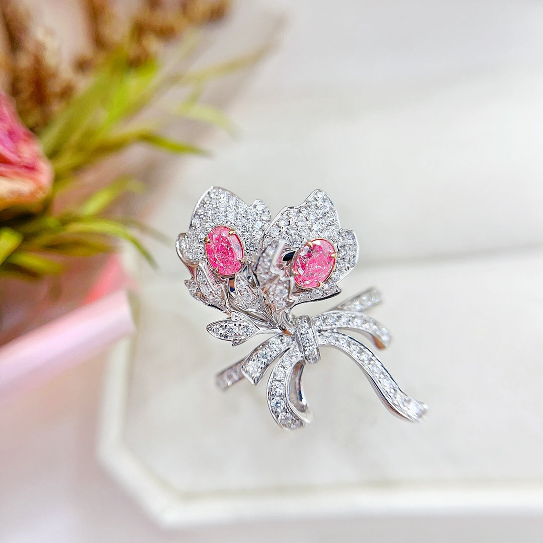 18K Gold Diamond Oval Lotus Flower Ring - Luxurious Jewelry - Pink Diamond Ring