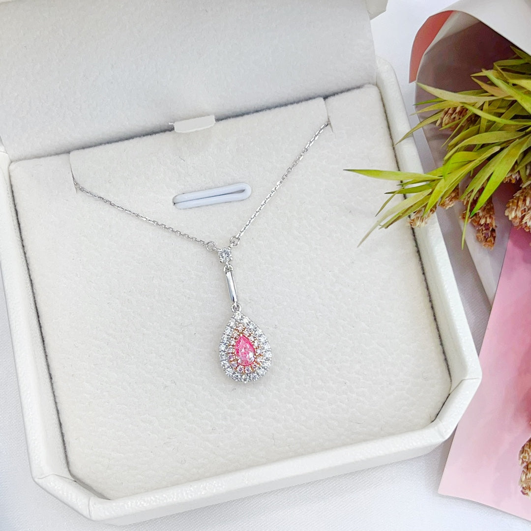 18K Gold Diamond Pendant Necklace with Drop-Shaped Double Halo Design - Pink Diamond Necklace