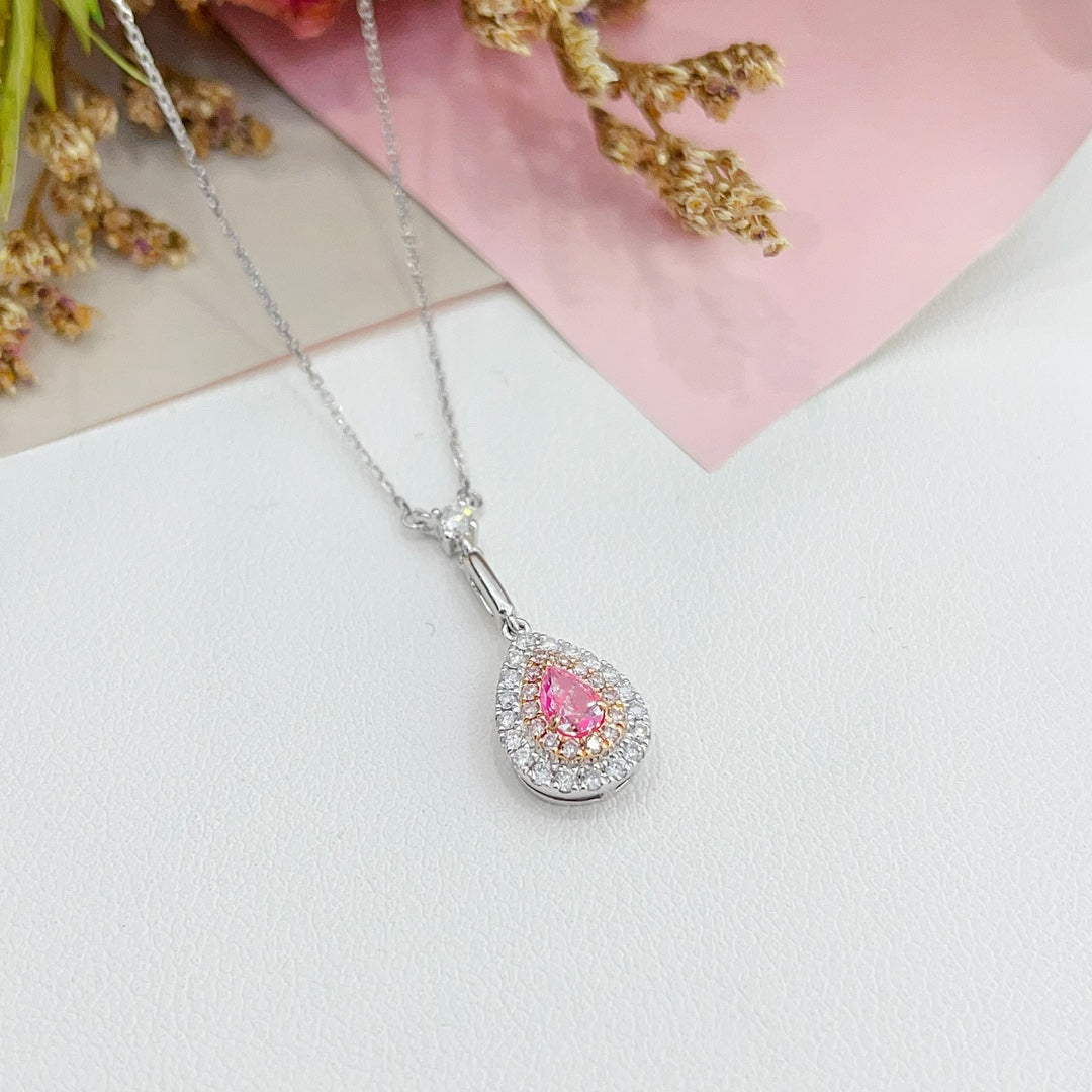 18K Gold Diamond Pendant Necklace with Drop-Shaped Double Halo Design - Pink Diamond Necklace