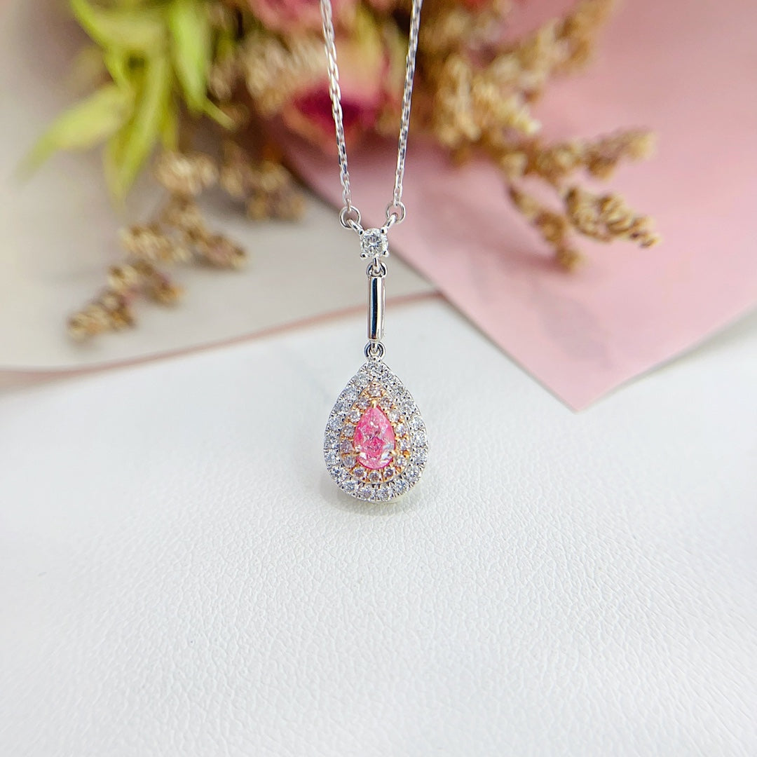 18K Gold Diamond Pendant Necklace with Drop-Shaped Double Halo Design - Pink Diamond Necklace