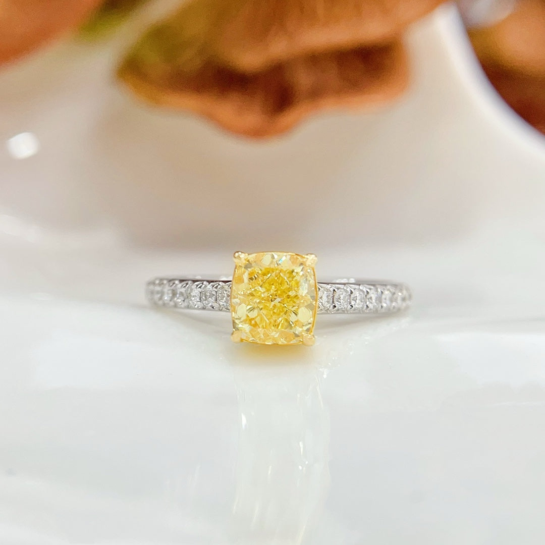 18K Gold Diamond Pillow Cut Straight Arm Ring with GIA Certificate - Premium Jewelry - GIA Yellow Diamond Ring