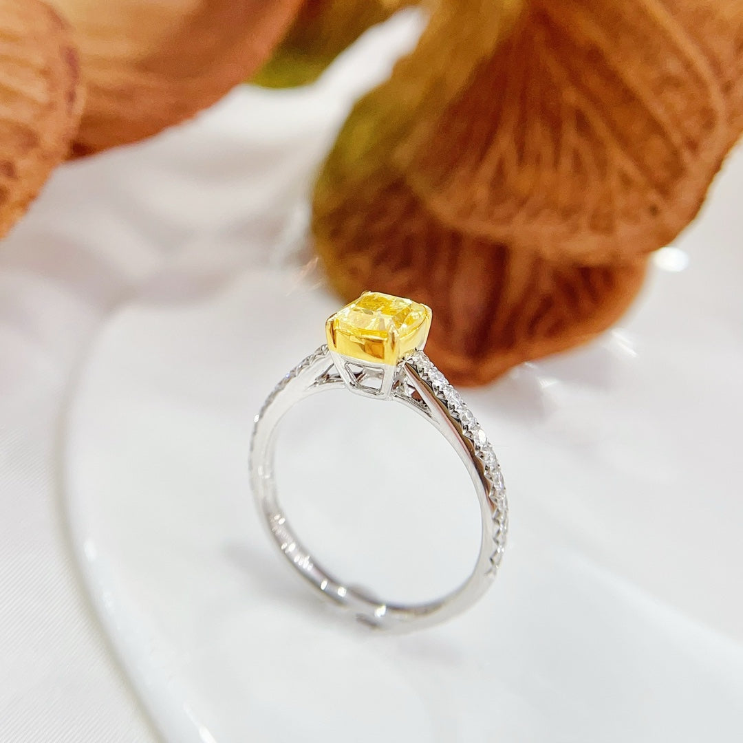 18K Gold Diamond Pillow Cut Straight Arm Ring with GIA Certificate - Premium Jewelry - GIA Yellow Diamond Ring