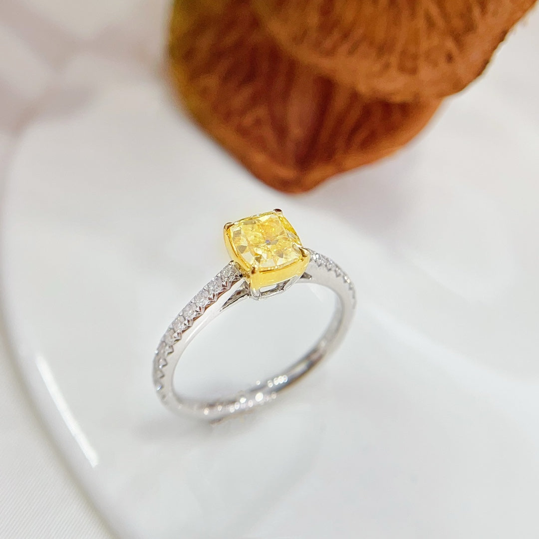 18K Gold Diamond Pillow Cut Straight Arm Ring with GIA Certificate - Premium Jewelry - GIA Yellow Diamond Ring