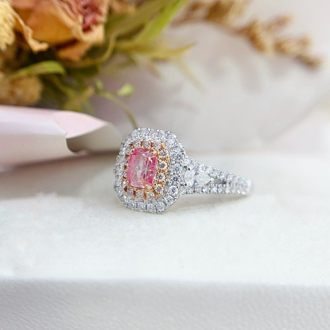 18K Gold Diamond Pillow Double Layer Halo Y-Arm Ring | Luxury Jewelry - Pink Diamond Ring