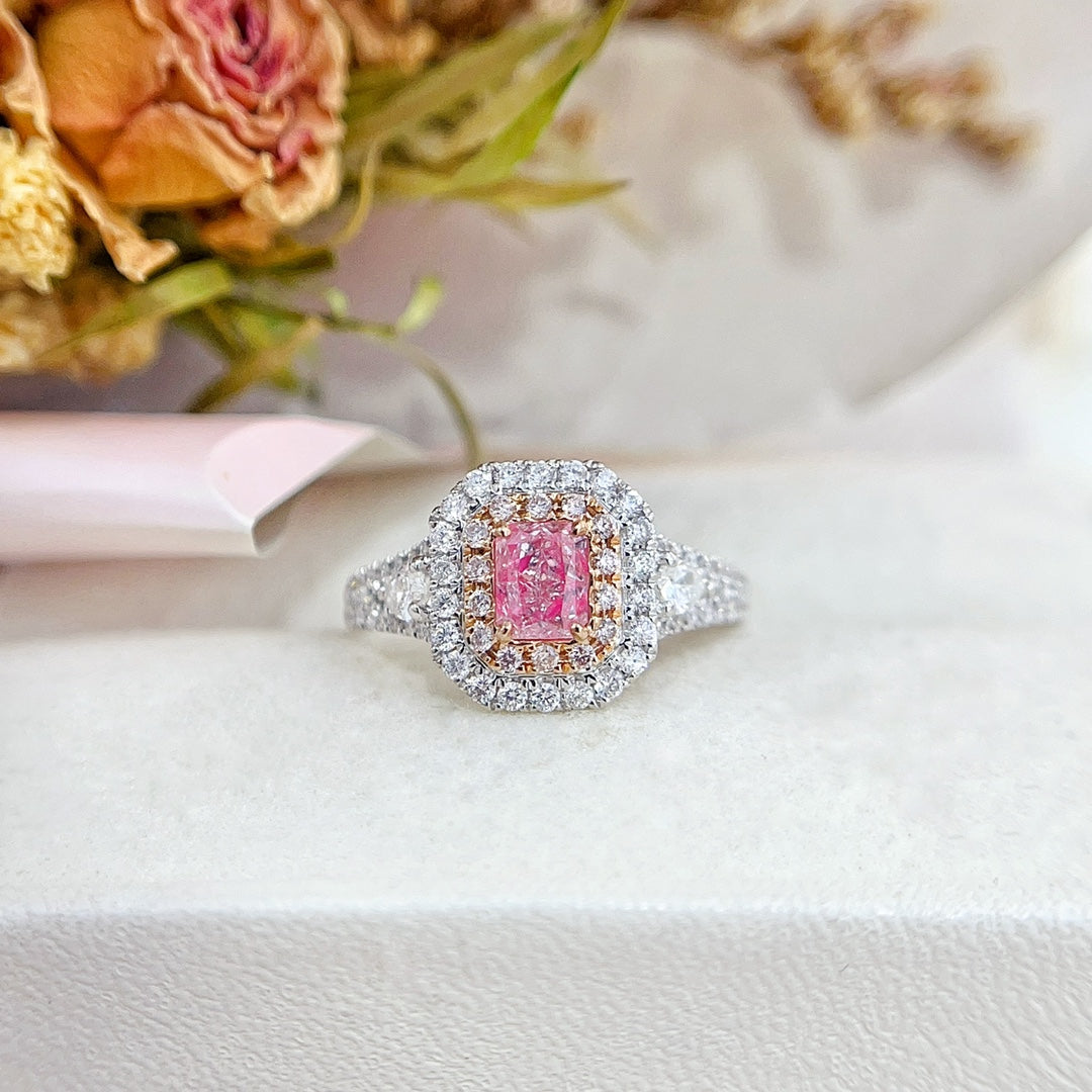 18K Gold Diamond Pillow Double Layer Halo Y-Arm Ring | Luxury Jewelry - Pink Diamond Ring