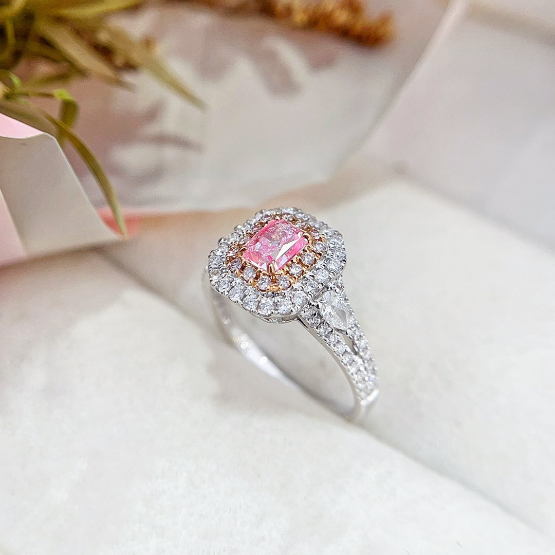 18K Gold Diamond Pillow Double Layer Halo Y-Arm Ring | Luxury Jewelry - Pink Diamond Ring