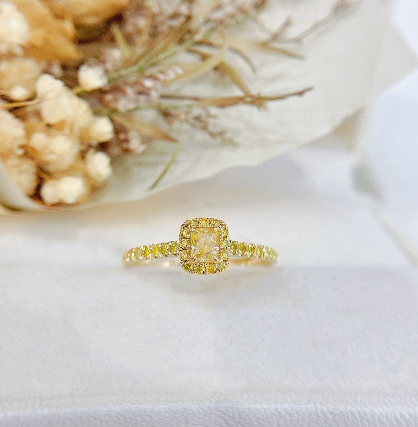 18K Gold Diamond Pillow Shape Halo Ring - Luxury Jewelry - Yellow Diamond Ring