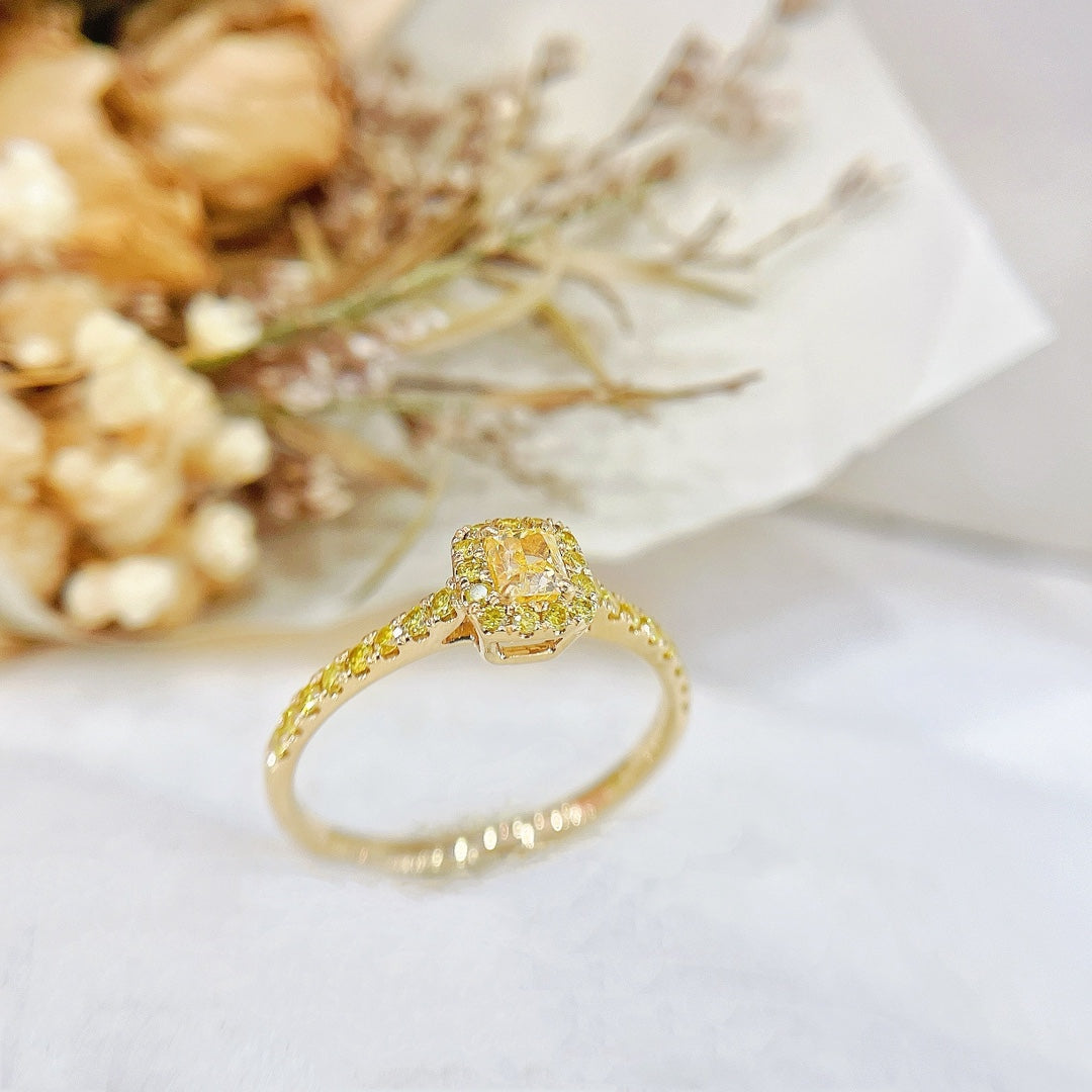 18K Gold Diamond Pillow Shape Halo Ring - Luxury Jewelry - Yellow Diamond Ring