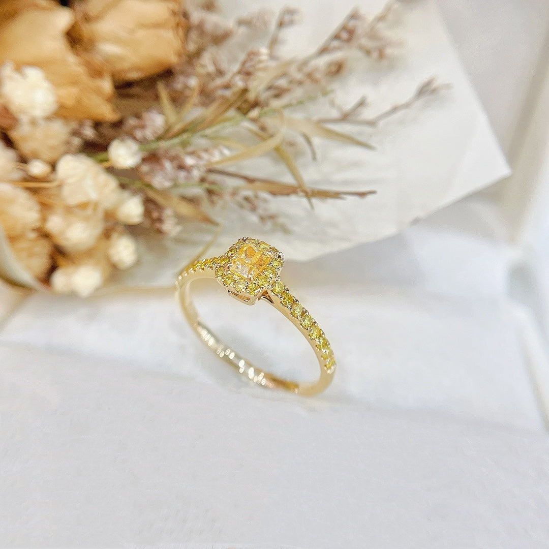 18K Gold Diamond Pillow Shape Halo Ring - Luxury Jewelry - Yellow Diamond Ring