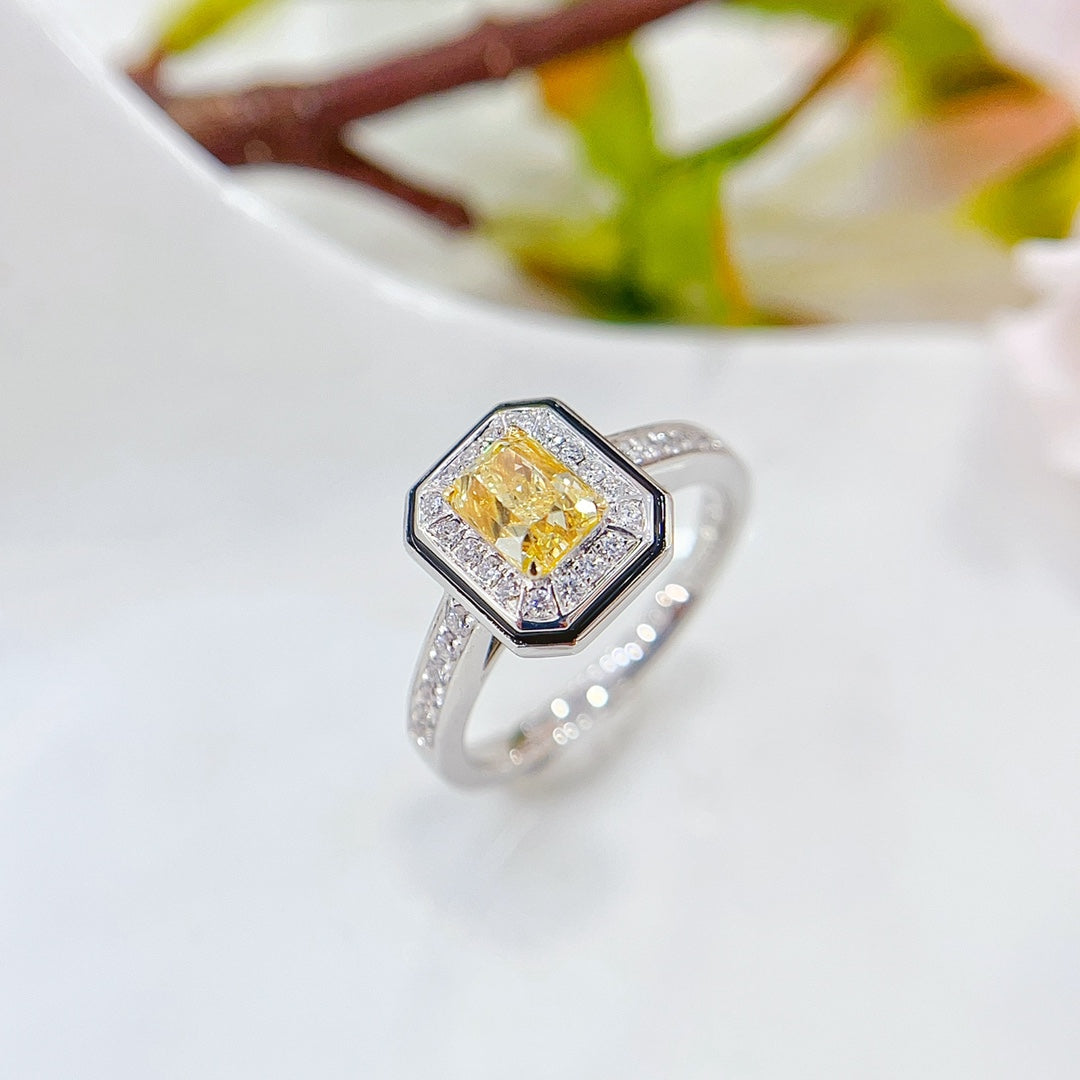 18K Gold Diamond Pillow-shaped Enamel Ring - A Glamorous Jewelry Piece - Yellow Diamond Ring