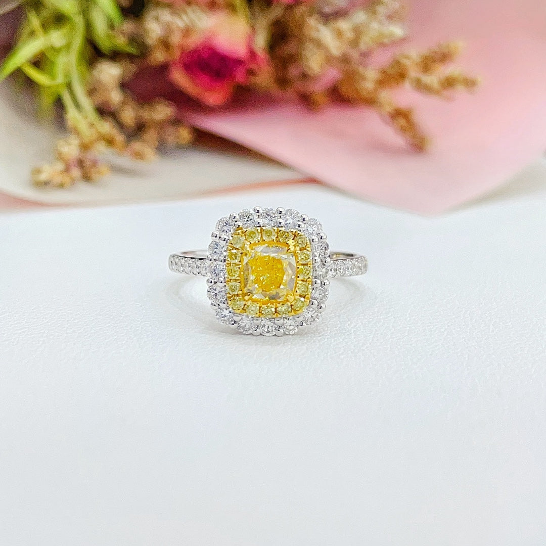 18K Gold Diamond Pillow-Shaped Halo Ring - Premium Jewelry - Yellow Diamond Ring