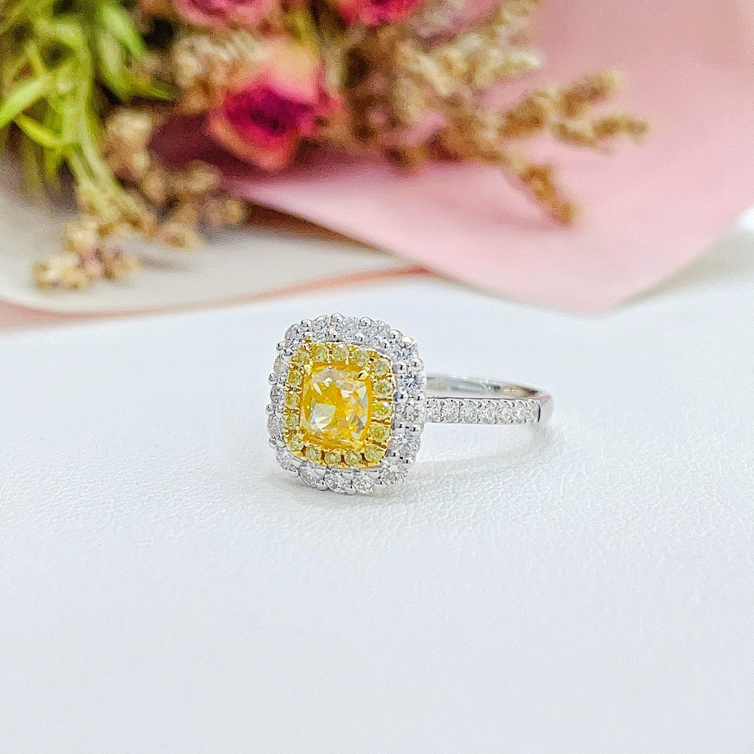 18K Gold Diamond Pillow-Shaped Halo Ring - Premium Jewelry - Yellow Diamond Ring